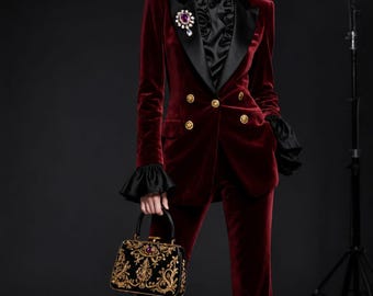 Burgundy Velvet Women's Suit | Double Breasted Blazer | Black Satin Peak Lapel | Luxury Formal Pantsuit