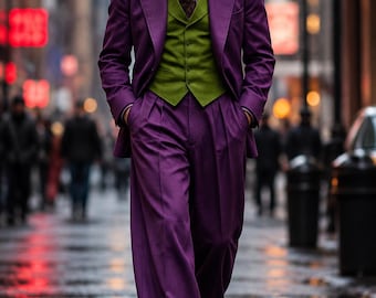 Skräddarsydd lila Joker-kostym, grön väst, vida byxor (Halloweendräkt)