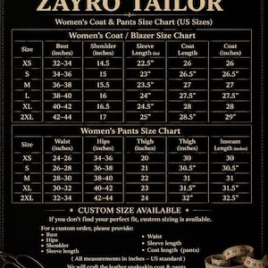 May include: A black Zayro Tailor size chart for coats and pants with white text and grid lines. It lists US measurements in inches for sizes XS to 2XL, including bust, shoulder, sleeve, length, waist, hips, thigh, and inseam. A measuring tape is visible.
