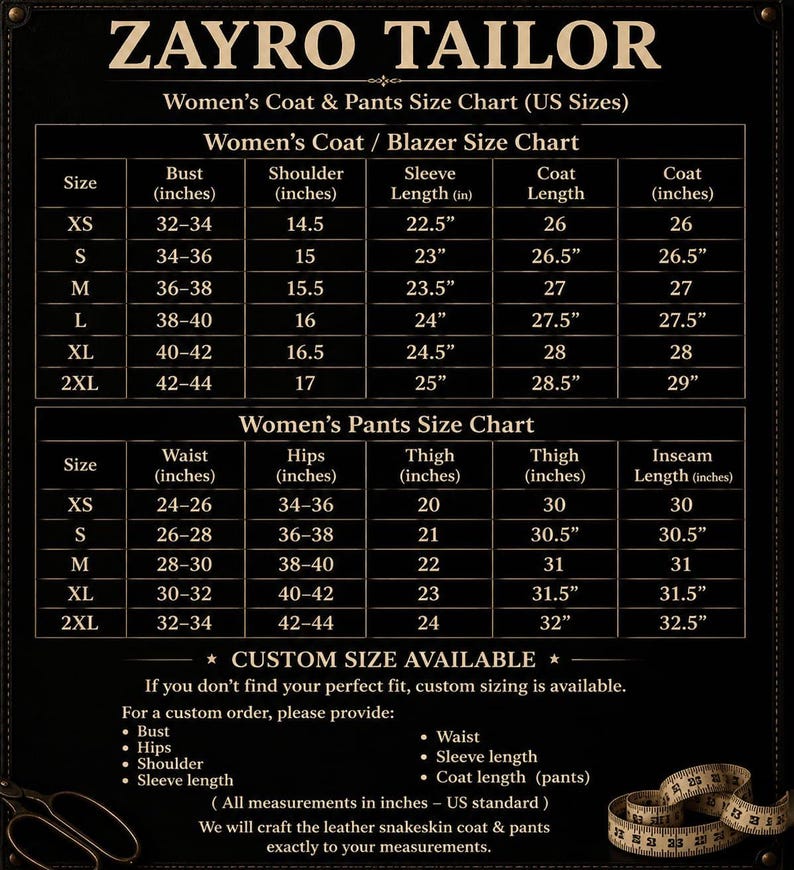 May include: A black Zayro Tailor size chart for coats and pants with white text and grid lines. It lists US measurements in inches for sizes XS to 2XL, including bust, shoulder, sleeve, length, waist, hips, thigh, and inseam. A measuring tape is visible.