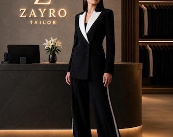 Women's Black Tuxedo Suit, White Shawl Lapel Blazer, Wide Leg Pants Set