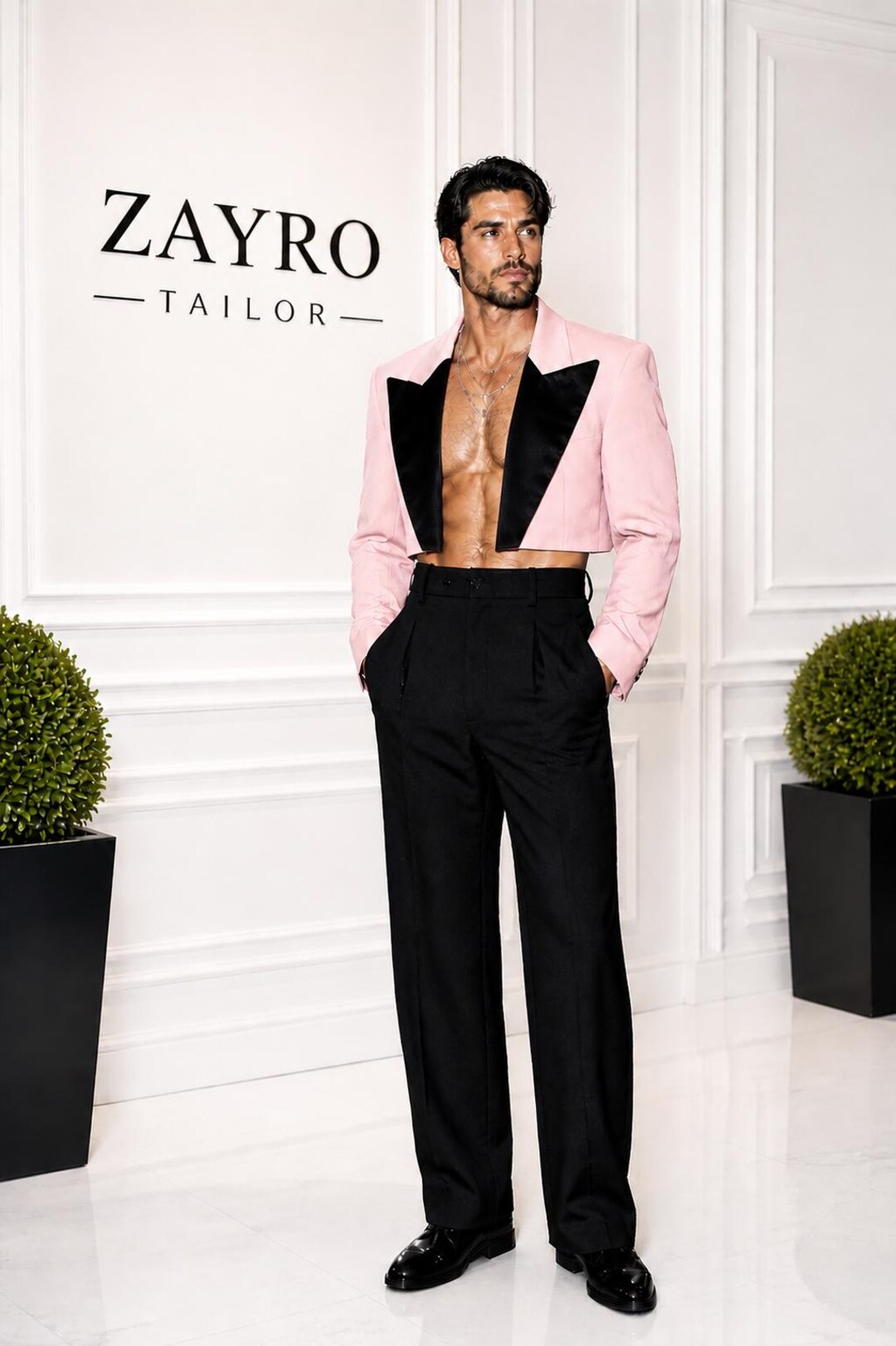 Men’s Blush Pink Cropped Tuxedo Suit | Black Satin Lapel Blazer Wide ...