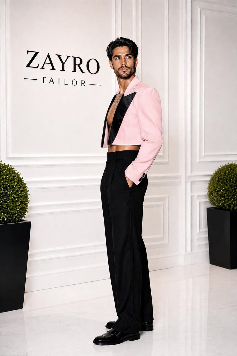 Zayro Ropa Men’s Blush Pink Cropped Tuxedo Suit | Black Satin Lapel Blazer Wide ...