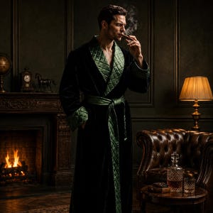 luxary bottle green dressing gown mens Men's Quilted Dressing Gown in Dark Green and Black, Classic Victorian  Style Housecoat, Gents Smoking Jacket