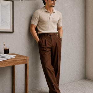 May include: A beige short-sleeved ribbed polo shirt with a collar and button placket, paired with dark brown high-waisted trousers featuring front pleats and a matching brown leather belt. The outfit is completed with dark brown leather loafers.