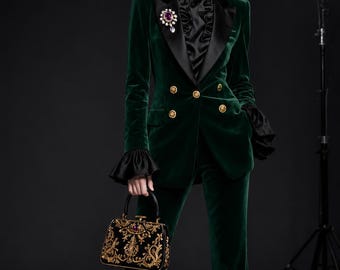 Emerald Green Velvet Suit | Double Breasted Blazer, Flared Pants, Black Satin Lapel