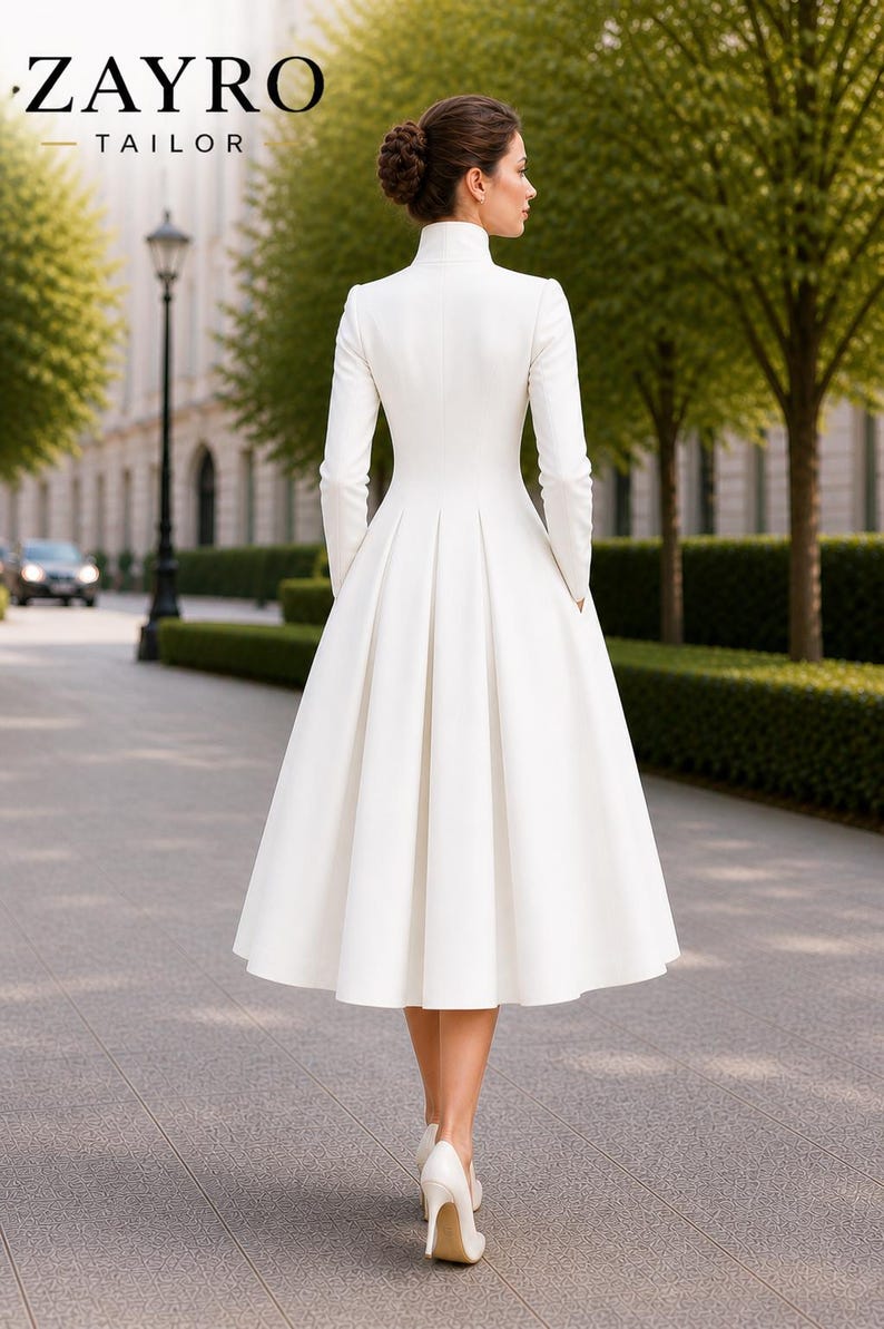 Zayro Ropa Elegant White Coat Dress for Women, Double Breasted Dress, Wedding ...