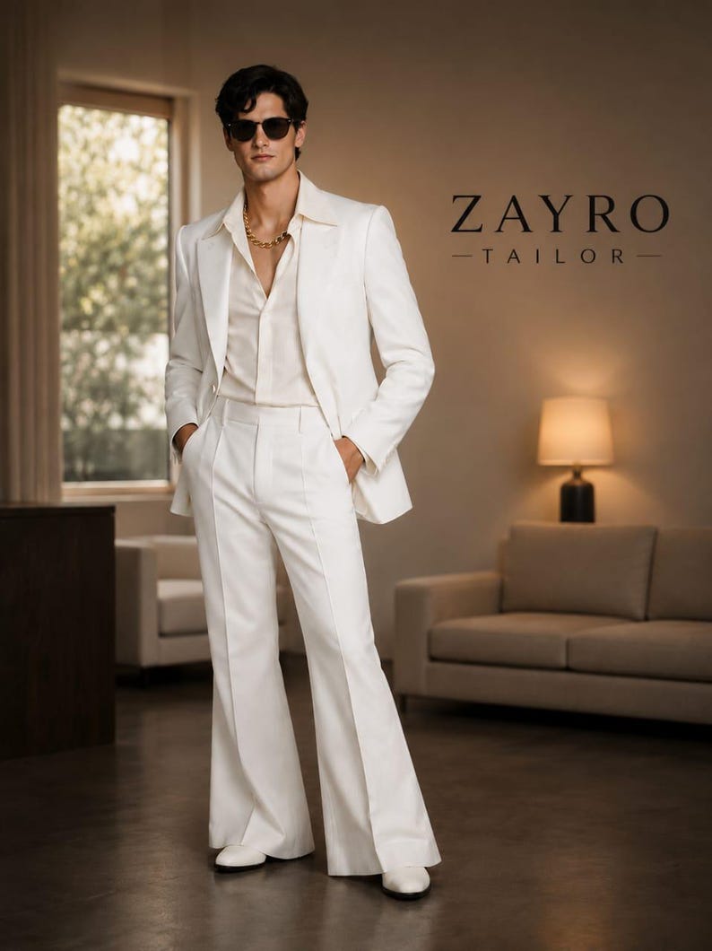 Zayro Ropa White Mens Suit Set, Retro Flared Pants Suit, Ivory Wedding Suit for ...