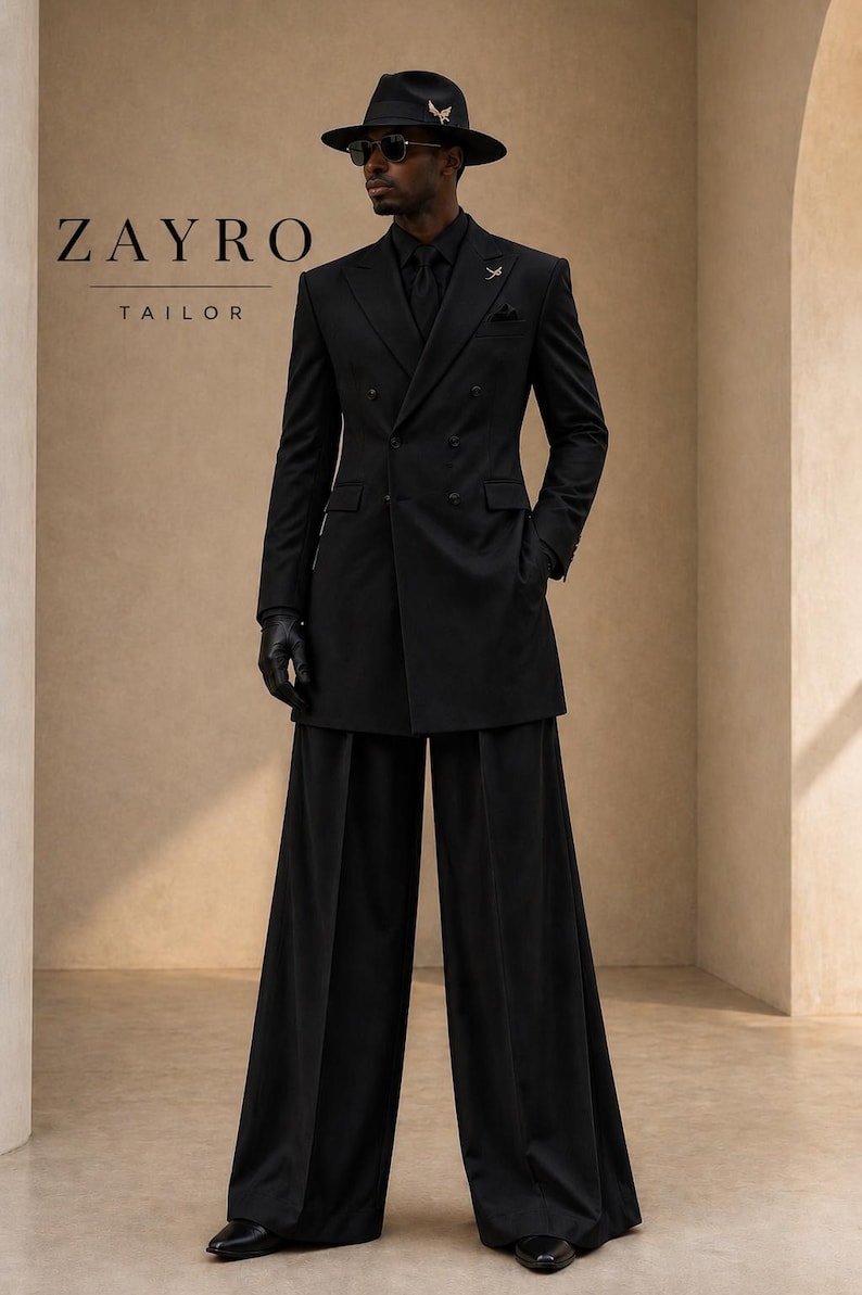 Zayro Ropa Luxury Black Double Breasted Suit for Men, Wide Leg Trousers Suit ...