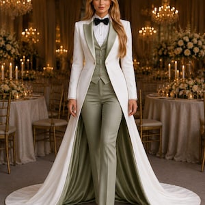 Op de afbeelding: Een witte lange blazer met een saliegroen vest en bijpassende broek. De blazer heeft een lange sleep, terwijl het vest over een wit overhemd met een zwarte vlinderdas wordt gedragen. De tekst ZAYRO TAILOR is bovenaan zichtbaar.