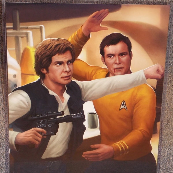 Star Wars Han Solo vs Star Trek Captain Kirk Glossy Art Print 11 x 17 In Hard Plastic Sleeve