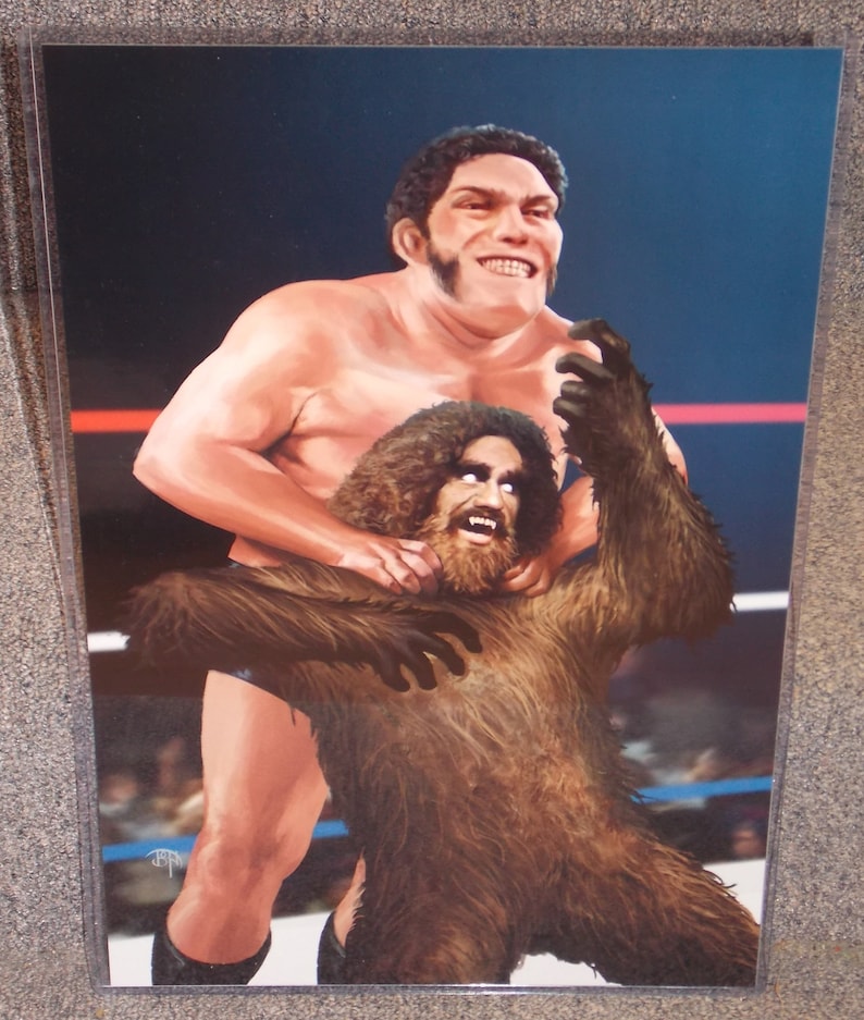Andre The Giant vs Big Foot wrestling Glossy Art Print 11 x 17 In Hard Plastic Sleeve