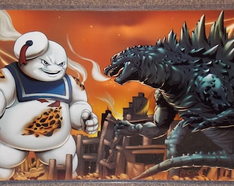 Godzilla vs Stay Puft Marshmallow Man Glossy Art Print 11 x 17 Hard Plastic Sleeve