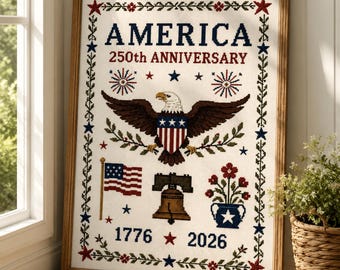 Estampado del 250 aniversario de Estados Unidos, muestrario de arte popular, decoración patriótica de punto de cruz (descarga digital)