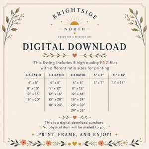May include: A digital download art print with the text "BRIGHTSIDE NORTH" and "DIGITAL DOWNLOAD". The listing includes 5 PNG files with different ratio sizes for printing, such as 4" x 5", 6" x 8", and 5" x 7".