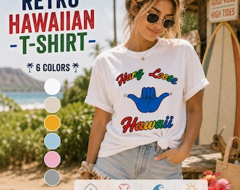Camiseta retro hawaiana, camiseta hawaiana "Hang Loose", camiseta de vacaciones hawaianas, camiseta con estampado playero, camiseta de surf, camiseta tropical de verano