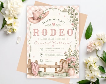 Invitación editable para el primer cumpleaños con temática de rodeo, invitación para la fiesta del primer cumpleaños, plantilla de cumpleaños estilo western, descarga en Canva, descarga instantánea, vaquera rosa.