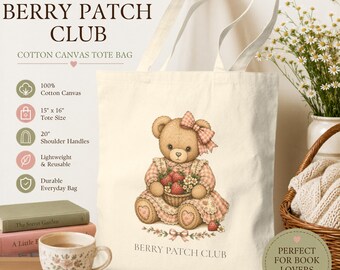 Bolso de mano con diseño de fresas, bolso estilo cottagecore, bolso de mercado agrícola, regalo para amantes de las bayas, bolso de lona bonito, Berry Patch Club, estilo vintage de los 80 y 90, estilo abuela.