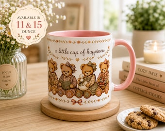 Taza acogedora con osito de peluche, taza de café estilo cottagecore, taza con detalles rosas, regalo inspirado en Beatrix Potter, linda taza de té de 11 oz y 15 oz, estilo vintage de los 80 y 90 para abuelas.