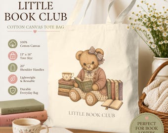 Bolso de mano para amantes de los libros, regalo para lectores, biblioteca, club de lectura, bolso de lona estilo cottagecore, bolso de mano para pequeños clubes de lectura - Vintage, años 80, años 90, Grandma Bear