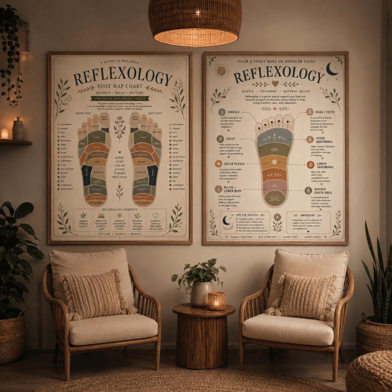 Bring a calming, wellness-inspired touch to your home with this printable reflexology chart set featuring both an adult foot map chart and a gentle baby reflexology guide. Designed in a soft vintage-inspired botanical style, these prints are both beautiful decor pieces and helpful wellness reference guides. Many sizes available!