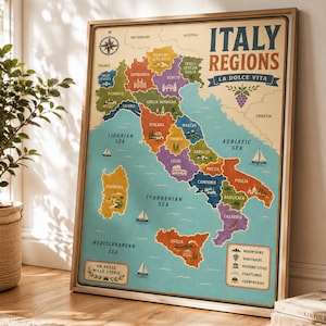 Italy Regions Map Poster, Italy Wall Art, Vintage Travel Print, Italian Region Map Decor, La Dolce Vita Poster, Multiple Sizes