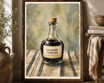 Lámina decorativa para pared con diseño de vinagre balsámico, estilo vintage italiano para despensa, ilustración de comida en acuarela, arte campestre francés (descarga digital).