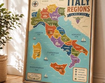Mapa de las regiones de Italia para imprimir, póster de viaje vintage de Italia, decoración italiana, impresión del mapa de la Toscana, descarga digital.
