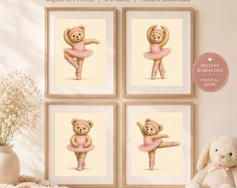 Vintage Teddy Bear Ballerina Wall Art Set of 4, Nursery Printable, Baby Girl Decor, Instant Download Cute Nursery Wall Art, Retro Teddy Bear
