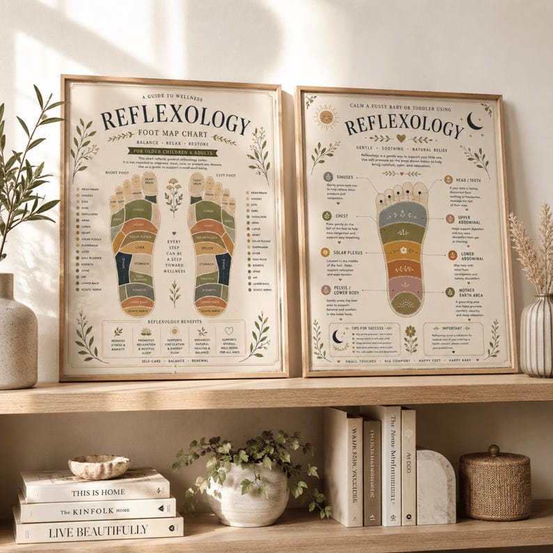 Bring a calming, wellness-inspired touch to your home with this printable reflexology chart set featuring both an adult foot map chart and a gentle baby reflexology guide. Designed in a soft vintage-inspired botanical style, these prints are both beautiful decor pieces and helpful wellness reference guides. Many sizes available!
