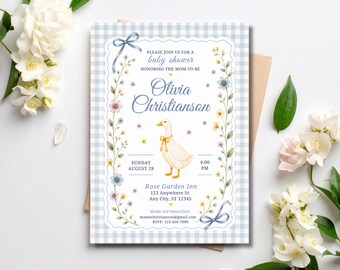 Plantilla editable de invitación para baby shower en Canva, descarga instantánea, invitación para baby shower de género neutro, fiesta DIY Gingham Goose, Sprinkle