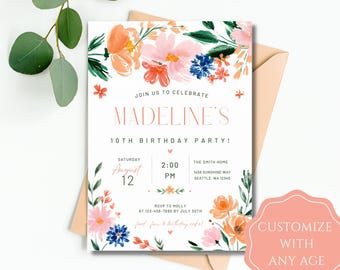 Editable Floral Birthday Invitation Template | Girls Birthday Party Invite-Any Age | 5x7 Printable | Canva Editable Invite Digital Download