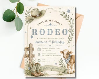 Editable First Rodeo Birthday Invitation, First Birthday Cowboy Party Invite, Western Birthday Template, Canva Instant Digital Download,