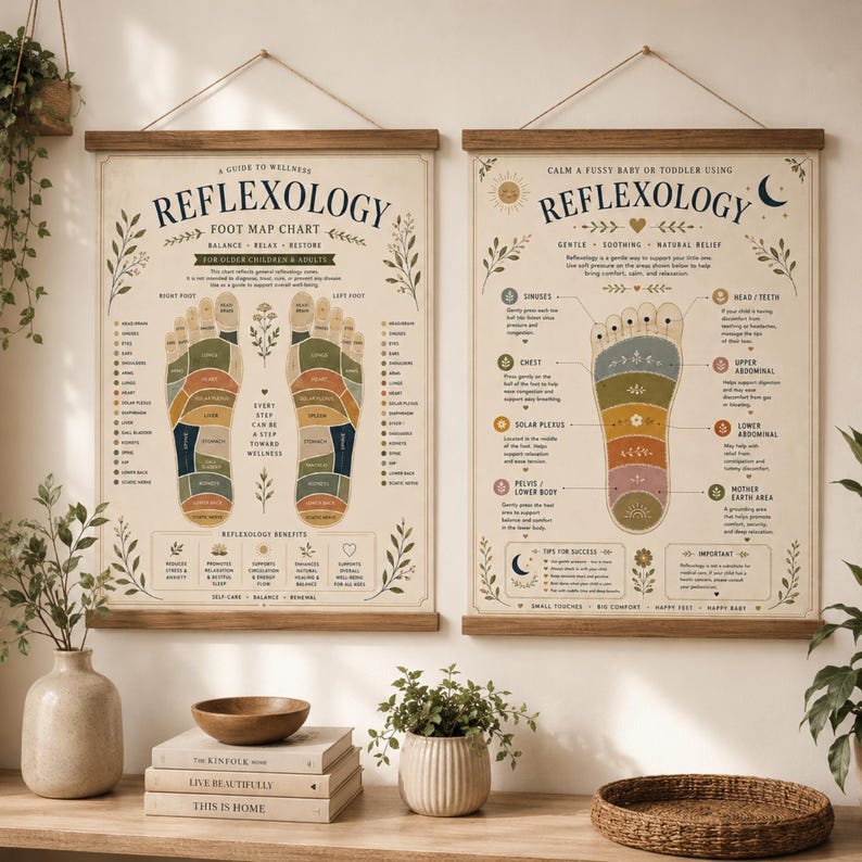 Bring a calming, wellness-inspired touch to your home with this printable reflexology chart set featuring both an adult foot map chart and a gentle baby reflexology guide. Designed in a soft vintage-inspired botanical style, these prints are both beautiful decor pieces and helpful wellness reference guides. Many sizes available!