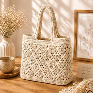 May include: A cream-colored crochet tote bag featuring a repeating diamond pattern of floral motifs. The bag has two sturdy top handles and a structured rectangular base, crafted with intricate yarn stitching throughout the entire exterior surface.