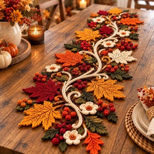 Autumn Leaf Table Runner Crochet Pattern, Fall Botanical Dining Decor PDF, Woodland Leaf Garland