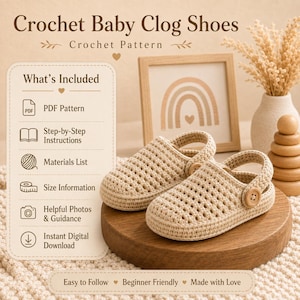 May include: A crochet pattern for baby clog shoes featuring a pair of beige, perforated crochet clogs with side buttons. The text includes Crochet Baby Clog Shoes, Crochet Pattern, and a list of included items like PDF Pattern and Step-by-Step Instructions.