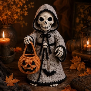 Op de afbeelding: Een gehaakt skeletfiguur in een grijze mantel met capuchon en zwarte randen, een kleine schedel bij de taille en een zwarte vleermuisapplicatie. Het figuur houdt een kleine, ronde, oranje gehaakte pompoenemmer met een zwart gezicht vast.