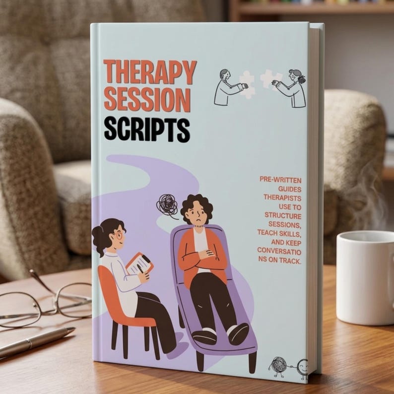 May include: A book titled "Therapy Session Scripts" with illustrations of a therapist and patient. The cover features text in orange and black, with additional text describing the book's purpose. The book is on a wooden table with a coffee cup.