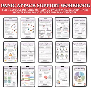 May include: A digital panic attack support workbook displayed across fifteen individual tablet screens. Each screen features distinct worksheets with headings like Physical Symptoms Checklist, Safe Space Visualization, and The Panic Cycle.