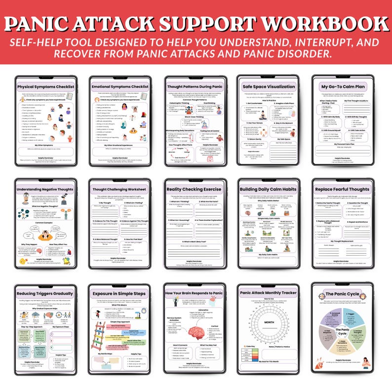 May include: A digital panic attack support workbook displayed across fifteen individual tablet screens. Each screen features distinct worksheets with headings like Physical Symptoms Checklist, Safe Space Visualization, and The Panic Cycle.