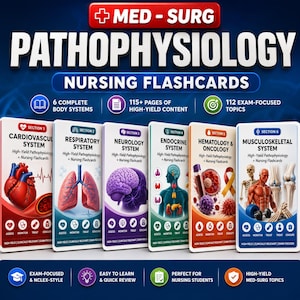 Puede incluir: Un conjunto de seis tarjetas de estudio de enfermería sobre fisiopatología médico-quirúrgica con más de 115 páginas de contenido sobre sistemas cardiovascular, respiratorio, neurológico, endocrino, hematológico y musculoesquelético.