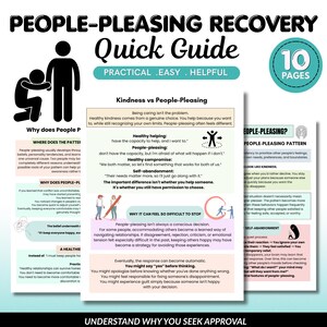 Könnte beinhalten: Ein 10-seitiger People-Pleasing Recovery Quick Guide mit schwarzem Text auf weißem Hintergrund und pastellfarbenen Abschnitten. Der Leitfaden enthält Illustrationen von Figuren, Diagrammen und Überschriften wie Kindness vs People-Pleasing.