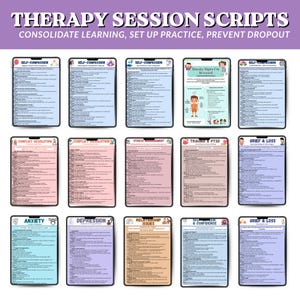 May include: A collection of digital therapy session scripts displayed on tablets. The scripts cover topics such as self-compassion, conflict resolution, stress management, trauma, grief, anxiety, depression, and relationship issues. The text "THERAPY SESSION SCRIPTS" is at the top.