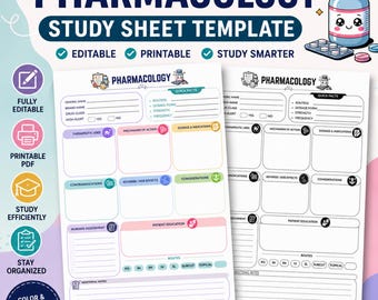 Pharmacology Study Sheet Template | Editable Nursing Notes Printable | Medication Study Guide PDF | Nursing School Planner
