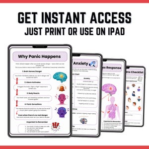 May include: Four digital tablets display educational infographics about mental health, featuring the text GET INSTANT ACCESS JUST PRINT OR USE ON IPAD. The screens show diagrams titled Why Panic Happens, Anxiety, Stress Response, and Symptoms Checklist.