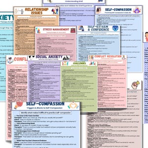 May include: A collection of colorful educational posters with text on topics like relationship issues, stress management, social anxiety, and self-compassion. The posters are designed for therapy and self-help.