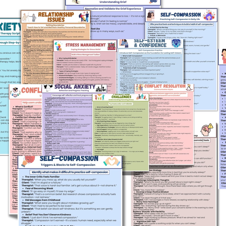 May include: A collection of colorful educational posters with text on topics like relationship issues, stress management, social anxiety, and self-compassion. The posters are designed for therapy and self-help.