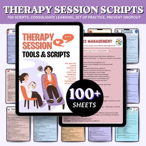 May include: A digital product image featuring two tablets displaying therapy session tools and scripts. The tablets showcase the text "Therapy Session Tools & Scripts" and "Stress Management." The image also includes the text "100+ Sheets."