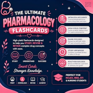 May include: A dark blue digital graphic for pharmacology flashcards featuring pink text and icons. It includes a stethoscope, brain, target, and clock symbols. The text reads: THE ULTIMATE PHARMACOLOGY FLASHCARDS, STUDY, REVISE & RETAIN, Smart Cards. Stronger Knowledge.